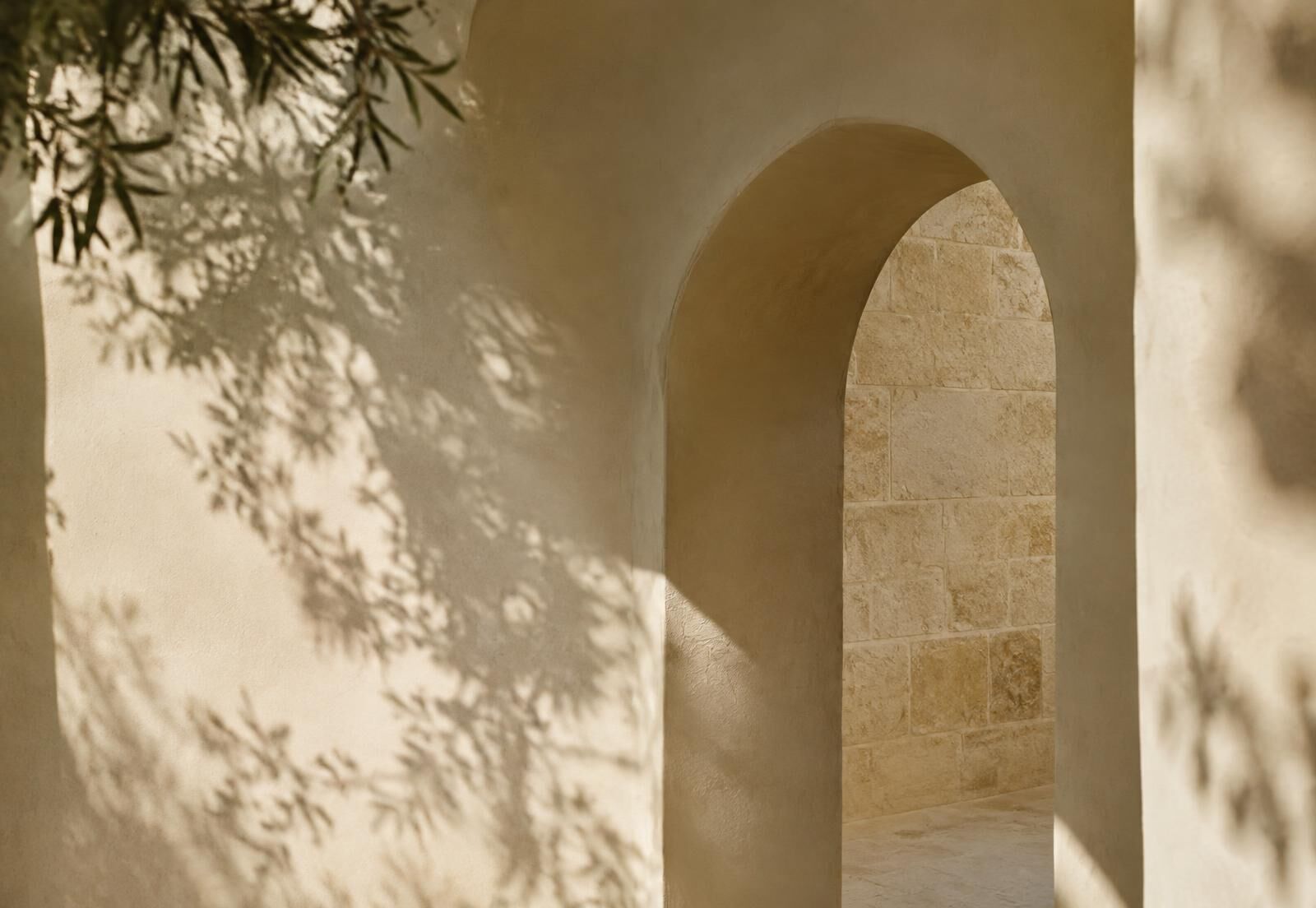 Sunlit plaster archway with soft shadows of olive leaves on a limestone wall