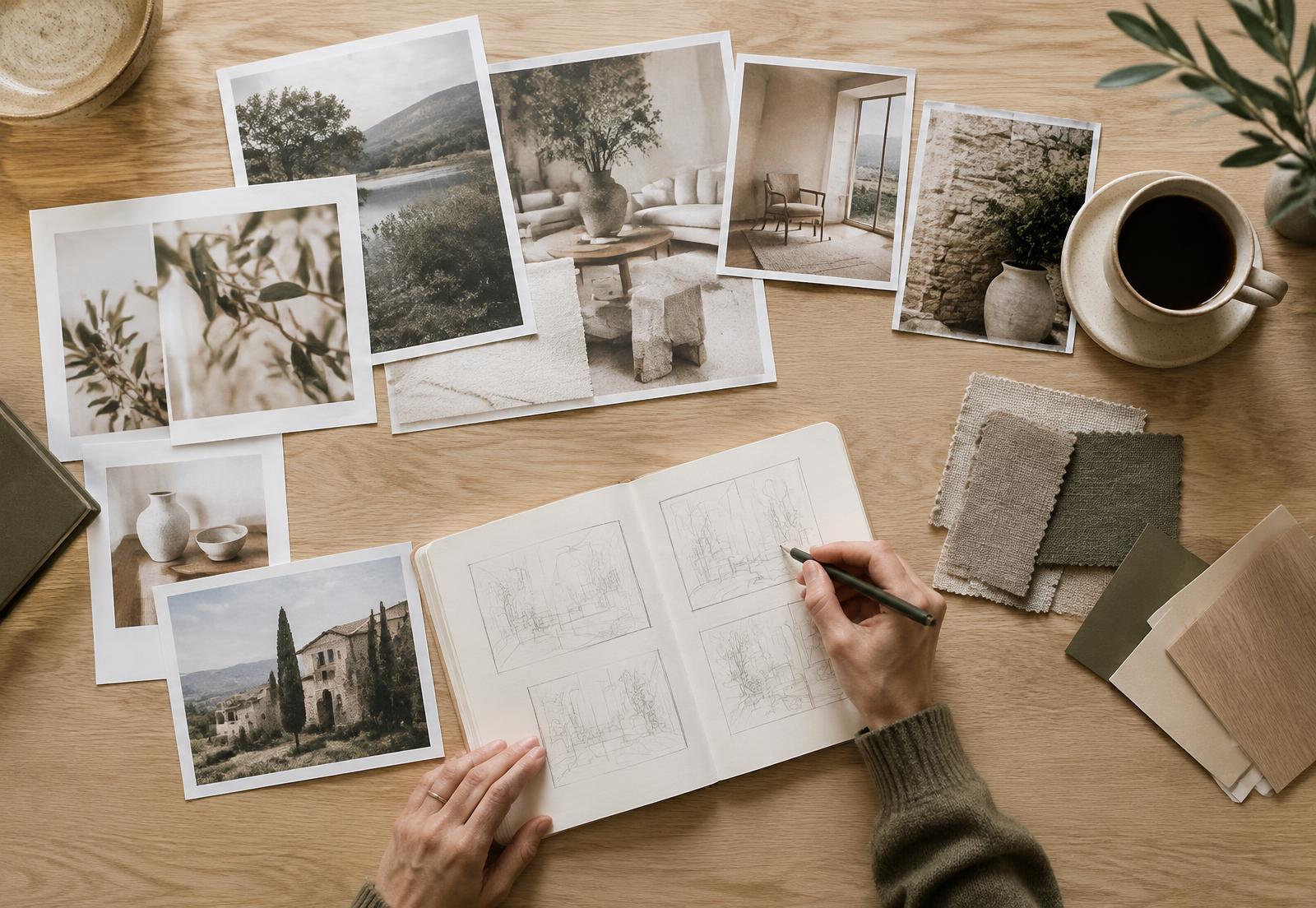 Hands sketching layout thumbnails in a notebook beside printed mood board photographs and fabric swatches