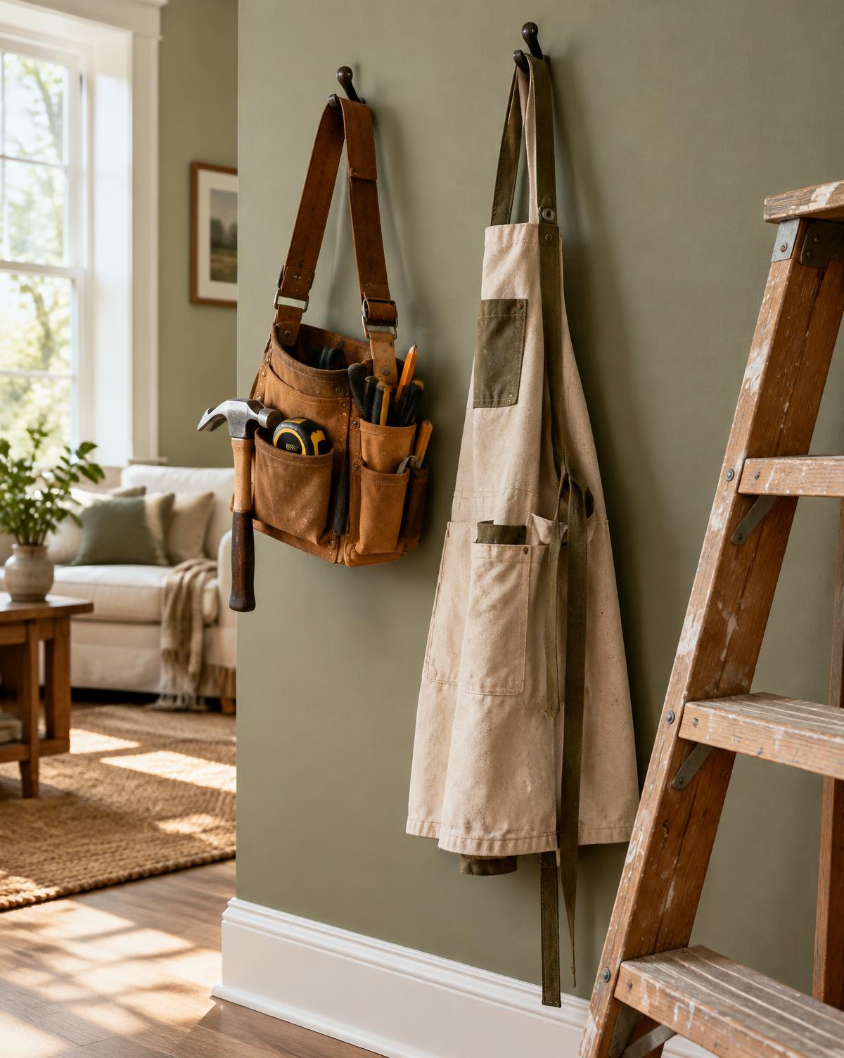 Concept advertising image of a tool belt and canvas apron hanging on a sage green wall