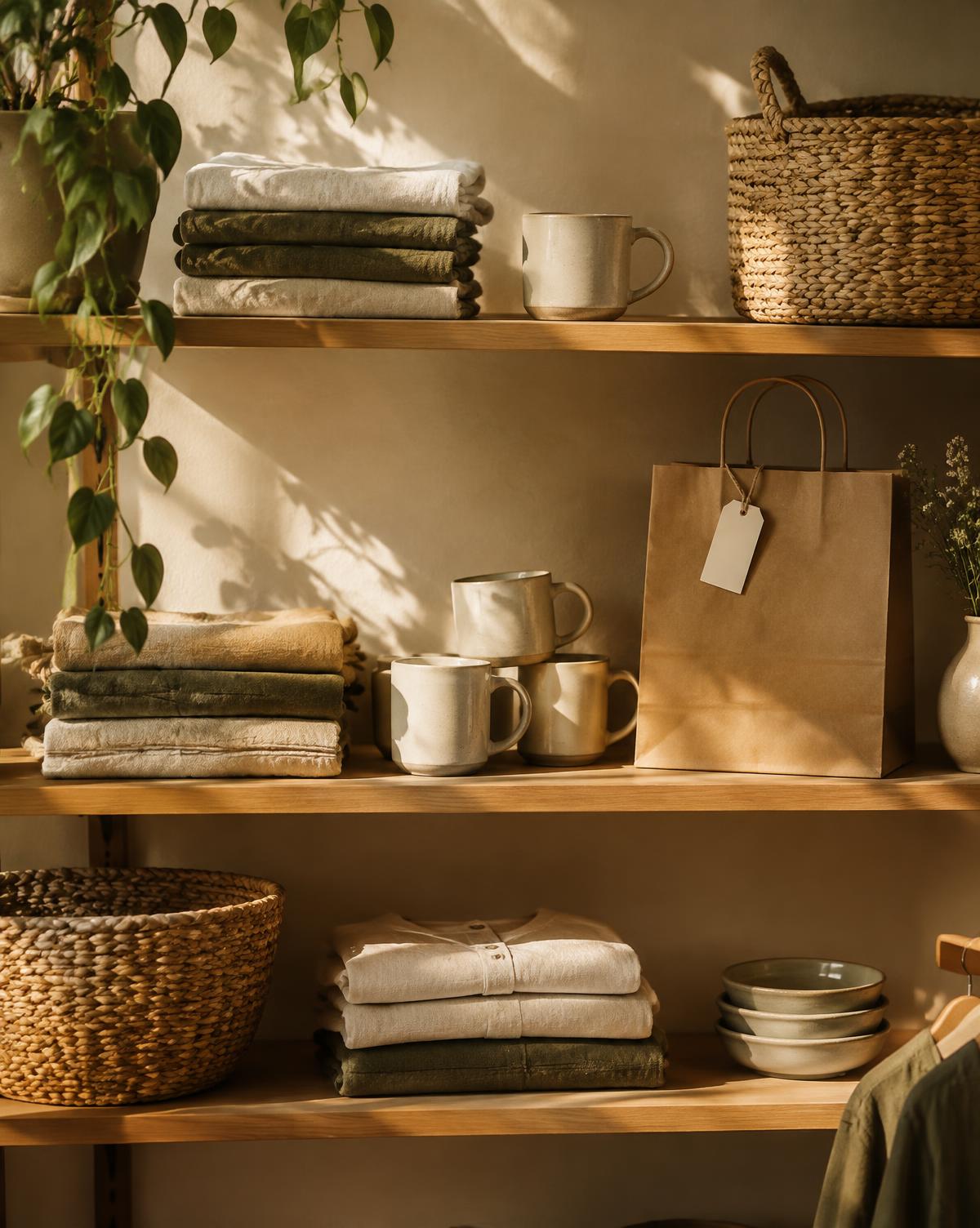 Concept retail photography of linen goods, ceramic mugs and baskets on wooden shelves