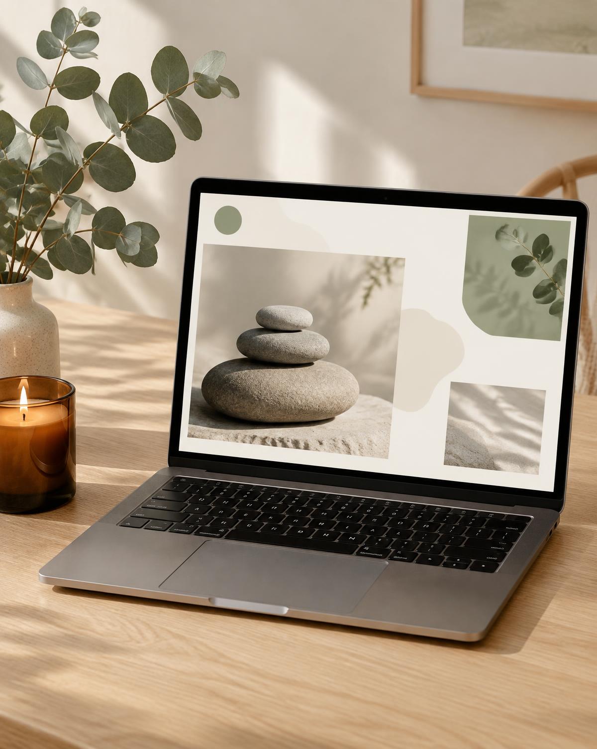 Concept wellness website shown on a laptop beside eucalyptus and a candle